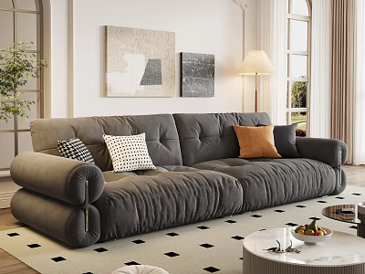Modern Gray Sofa and Coffee Table Set with Colorful Cushions Round Table and Checkered Rug 3d model