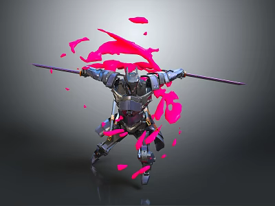 Dynamic Sword Wielding Mech Character With Pink Energy Splashes In Game Movie 3d model