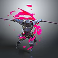 Dynamic Sword Wielding Mech Character With Pink Energy Splashes In Game Movie