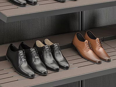 Modern Shoe Cabinet With Black And Brown Leather Shoes On Shelves 3d model