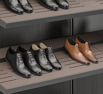 Modern Shoe Cabinet With Black And Brown Leather Shoes On Shelves 3d model