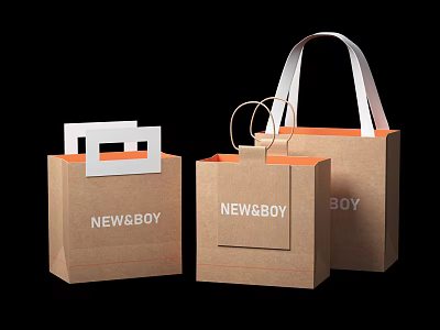 NEWSBOY Brown Paper Shopping Bags With White Handles And Metal Rings 3d model