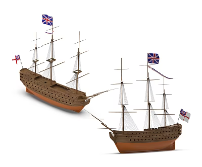 Two Vintage Sailing Ships Models with British Flags Wooden Hulls and White Sails 3d model Two Vintage Sailing Ships Models with British Flags Wooden Hulls and White Sails 3d model