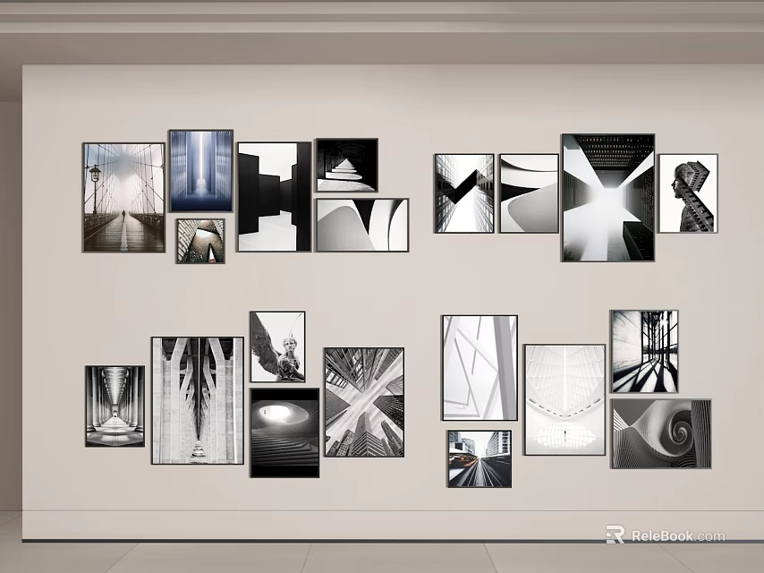 Black And White Photo Wall With Architectural Abstract Images Arranged On Light Colored Wall 3d model 