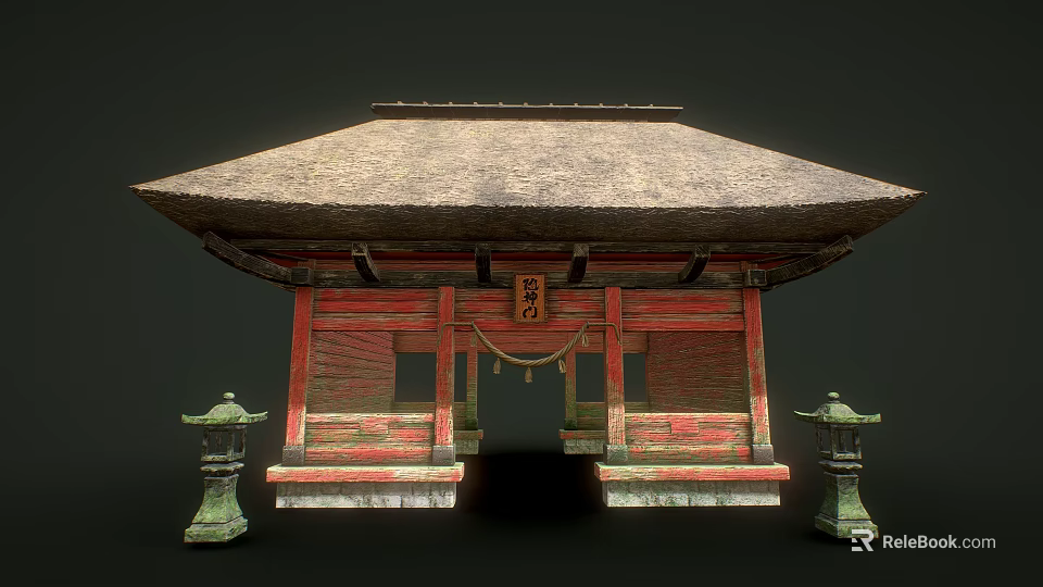 Traditional Japanese Shrine Building With Thatched Roof Red Wooden Structure And Stone Lanterns 3d model 