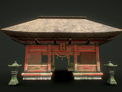 Traditional Japanese Shrine Building With Thatched Roof Red Wooden Structure And Stone Lanterns 3d model