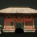 Traditional Japanese Shrine Building With Thatched Roof Red Wooden Structure And Stone Lanterns
