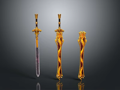 Ornate Decorative Swords With Golden Red Handles And Intricate Patterns 3d model