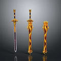 Ornate Decorative Swords With Golden Red Handles And Intricate Patterns