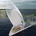 White Shell Shaped Pergola With Curved Structure And Palm Trees By Waterfront 3d model