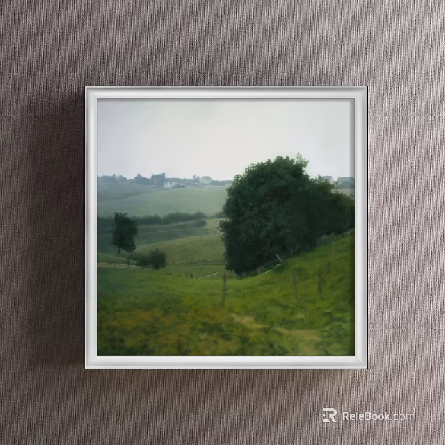 Landscape Painting Of Serene Rural Scenery With Green Fields Trees And Distant Houses 3d model 