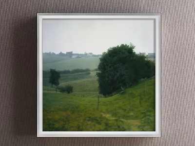 Landscape Painting Of Serene Rural Scenery With Green Fields Trees And Distant Houses 3d model