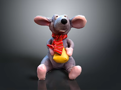 Plush Mouse Character Sitting With Red Scarf And Holding Yellow Cheese On Black Surface 3d model