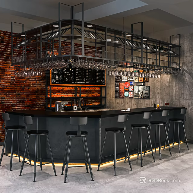 Industrial Bar Interior With Brick Wall Hanging Metal Wine Rack Bar Counter And Black Stools 3d model 