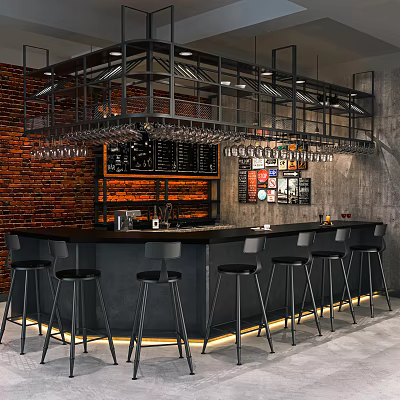 Industrial Bar Interior With Brick Wall Hanging Metal Wine Rack Bar Counter And Black Stools 3d model