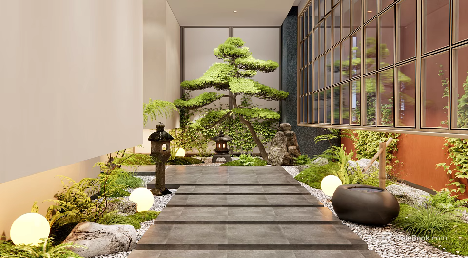 Tranquil Indoor Landscape With Stone Steps Potted Pine Lanterns And Green Plants 3d model