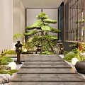 Tranquil Indoor Landscape With Stone Steps Potted Pine Lanterns And Green Plants 3d model