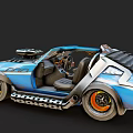 Blue Modified Car With Open Doors Orange Rims And Mechanical Details
