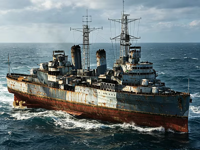 Old Rusted Warship Sailing In Rough Sea With Waves And Cloudy Sky 3d model