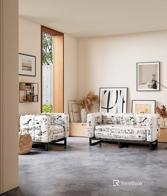 Modern Black And White Patterned Upholstered Double Seater Sofa For Cozy Bright Living Room Decor 3d model 