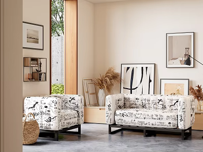 Modern Black And White Patterned Upholstered Double Seater Sofa For Cozy Bright Living Room Decor 3d model