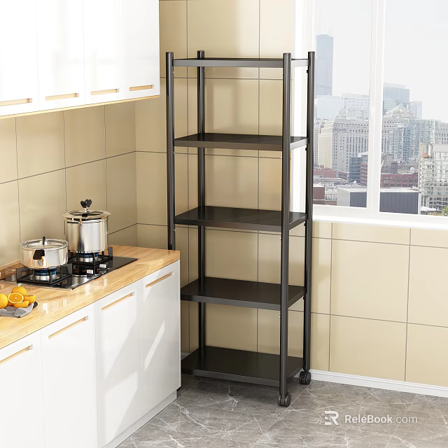 Black Metal Shelving Unit with Wheels in Modern Kitchen with Stove Top Pots and Oranges 3d model 