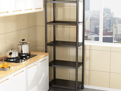 Black Metal Shelving Unit with Wheels in Modern Kitchen with Stove Top Pots and Oranges 3d model