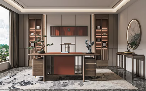New Chinese Style Study Tea Room Desk and Chair Tea Table and Chair Desk Bookcase Desk Leisure Chair Decorative Cabinet 3d model