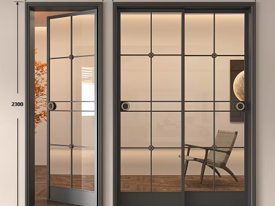 Modern Glass Swing Door With Black Frame Grid Design For Interior Room 3d model