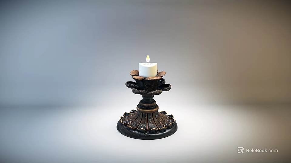 Elegant Black Candle Lamp With Decorative Base And Lit White Candle 3d model 