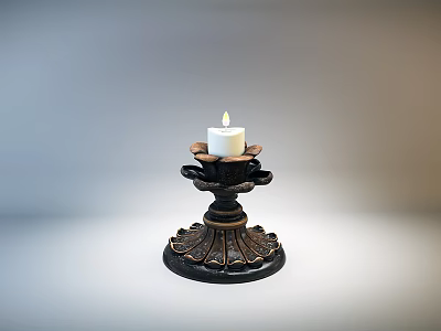 Elegant Black Candle Lamp With Decorative Base And Lit White Candle 3d model