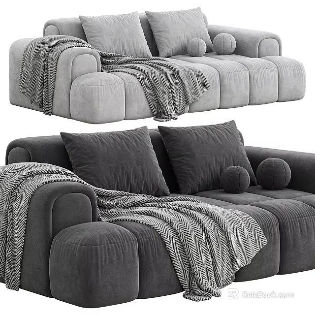 Modern Gray Velvet Sectional Sofa with Cozy Blanket and Decorative Pillows 3d model 