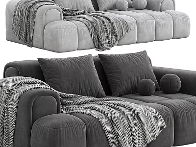 Modern Gray Velvet Sectional Sofa with Cozy Blanket and Decorative Pillows 3d model