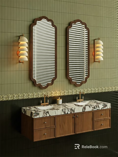 Elegant Bathroom Vanity With Double Mirrors Blinds Wall Sconces Marble Countertop And Wooden Cabinet 3d model 