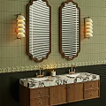 Elegant Bathroom Vanity With Double Mirrors Blinds Wall Sconces Marble Countertop And Wooden Cabinet