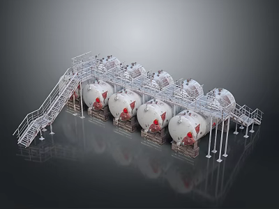 White Industrial Storage Tanks With Red Logos Metal Stairs And Platform Structures 3d model