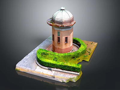 Red Brick Tower With Dome Roof And Circular Hedge On Stone Platform 3d model