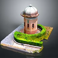 Red Brick Tower With Dome Roof And Circular Hedge On Stone Platform