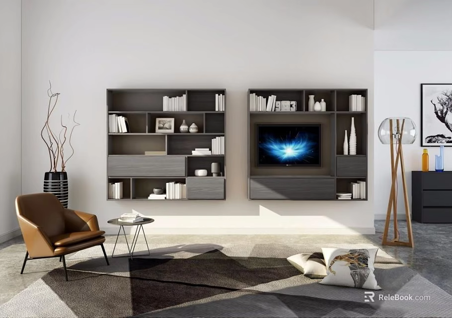 Modern Gray Bookcase With Multiple Shelves Holding Books And Decorations In Living Room Mounted TV 3d model 