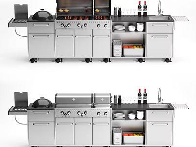 Stainless Steel Portable Kitchen Workstation With Grill Stove Sink And Storage Cabinets 3d model