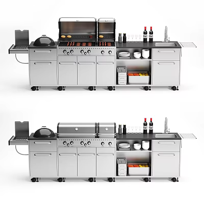 Stainless Steel Portable Kitchen Workstation With Grill Stove Sink And Storage Cabinets 3d model