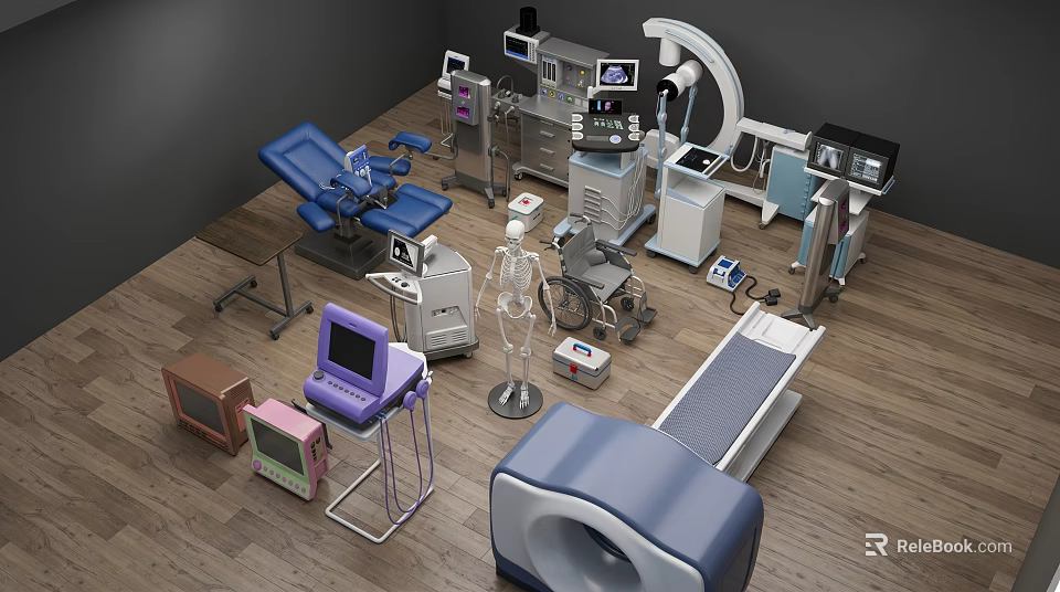 Medical Equipment Assortment Featuring Examination Tables X-ray Machines Wheelchairs Skeleton Models And Monitors 3d model 