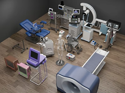 Medical Equipment Assortment Featuring Examination Tables X-ray Machines Wheelchairs Skeleton Models And Monitors 3d model