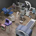 Medical Equipment Assortment Featuring Examination Tables X-ray Machines Wheelchairs Skeleton Models And Monitors