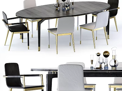 Dark Wooden Oval Dining Table Set With Black White Chairs Gold Legs And Decorative Items 3d model