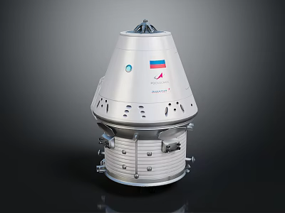 Russian Spacecraft Featuring Silver Conical Structure Top Antenna Side Flag And Bottom Components 3d model