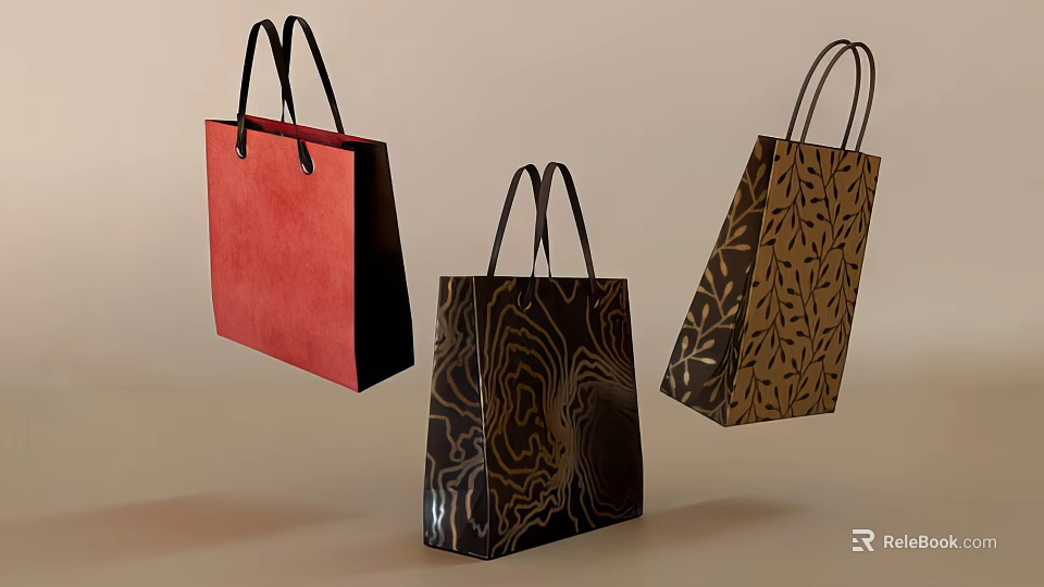 Stylish Shopping Bags With Red Black Brown Colors And Unique Patterns 3d model 