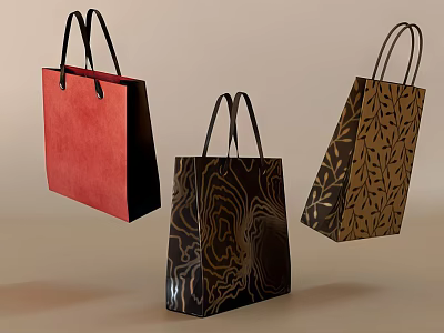 Stylish Shopping Bags With Red Black Brown Colors And Unique Patterns 3d model