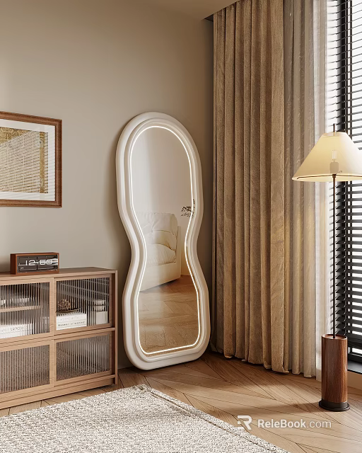 Stylish Home Interior Decor With Unique Shaped Mirror Floor Lamp Beige Curtains And Wall Art 3d model 