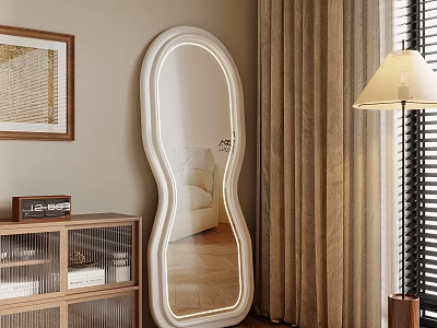 Stylish Home Interior Decor With Unique Shaped Mirror Floor Lamp Beige Curtains And Wall Art 3d model